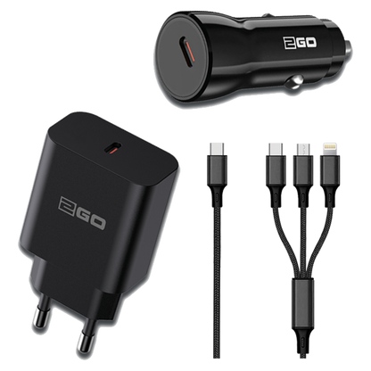 USB Reise-Ladeset - 12 V / 24 V und 100 V - 240 V - 3-in-1 Kabel - 3000 mA - 20 W - schwarz - Set