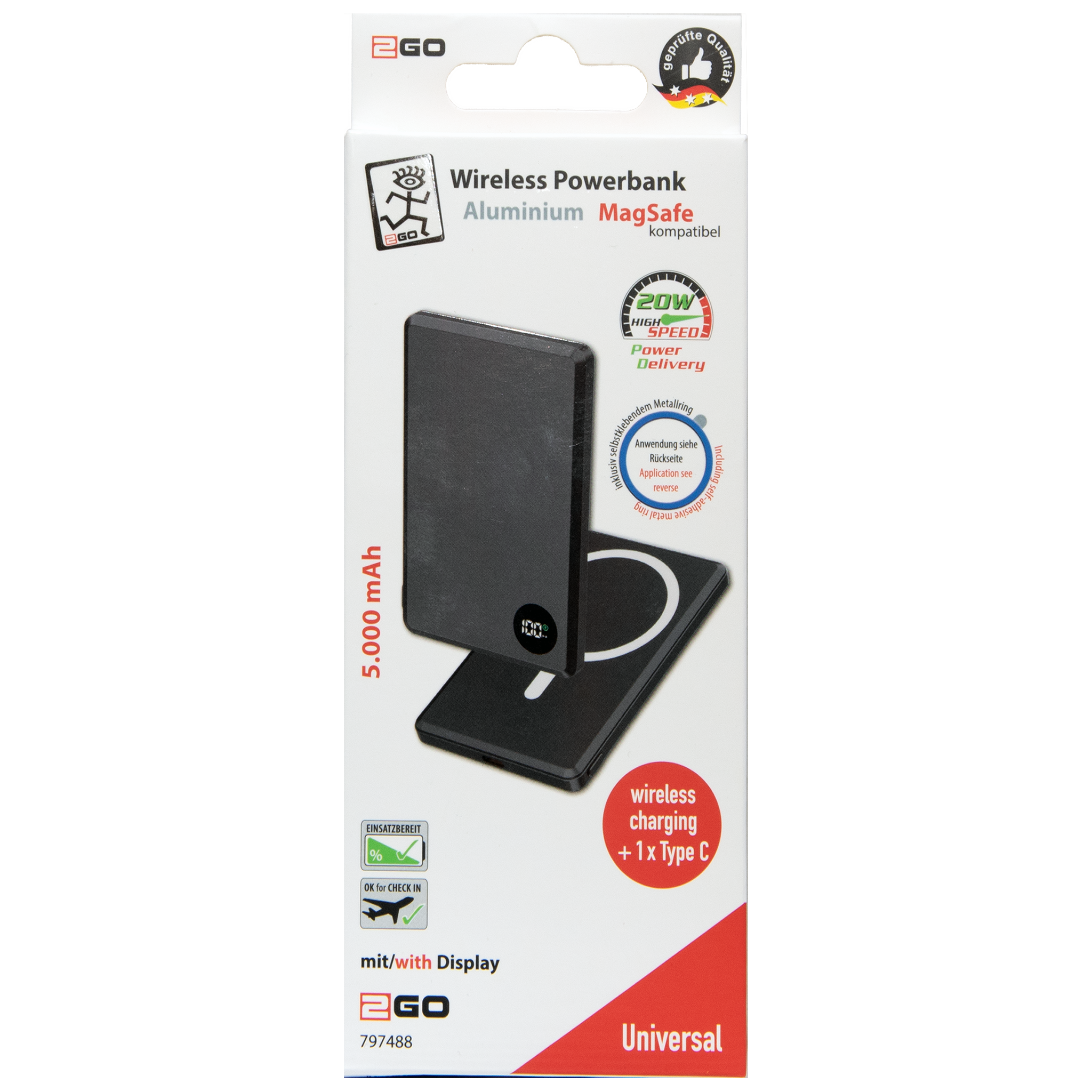 Powerbank - 5000 mAh - 1 x USB Type-C - MagSafe kompatibel - Digitaldisplay - USB A auf USB Type-C Kabel - schwarz - Verpackung