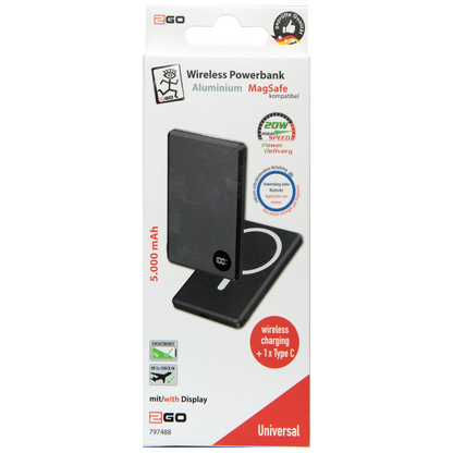 Powerbank - 5000 mAh - 1 x USB Type-C - MagSafe kompatibel - Digitaldisplay - USB A auf USB Type-C Kabel - schwarz - Verpackung