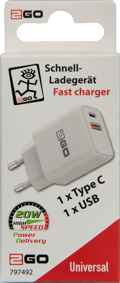 Netzladegerät 100 V - 240 V - 1 x USB A und 1 x USB Type-C - 3000 mA - 20 W -weiß - Verpackung