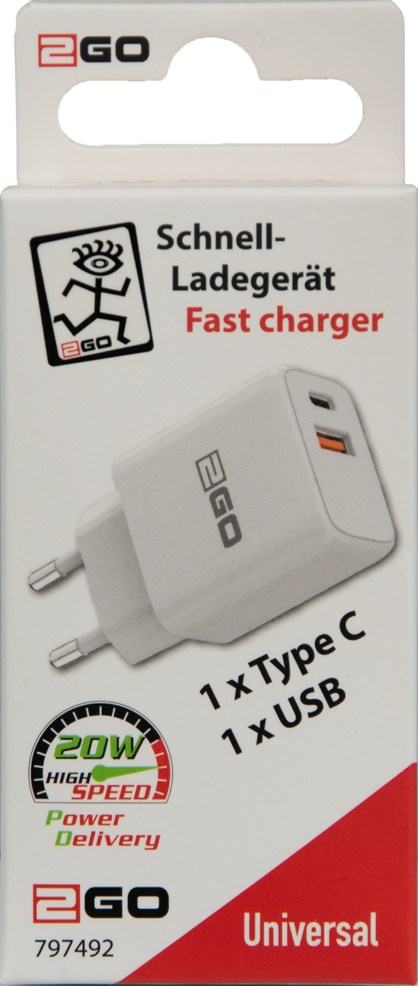 Netzladegerät 100 V - 240 V - 1 x USB A und 1 x USB Type-C - 3000 mA - 20 W -weiß - Verpackung