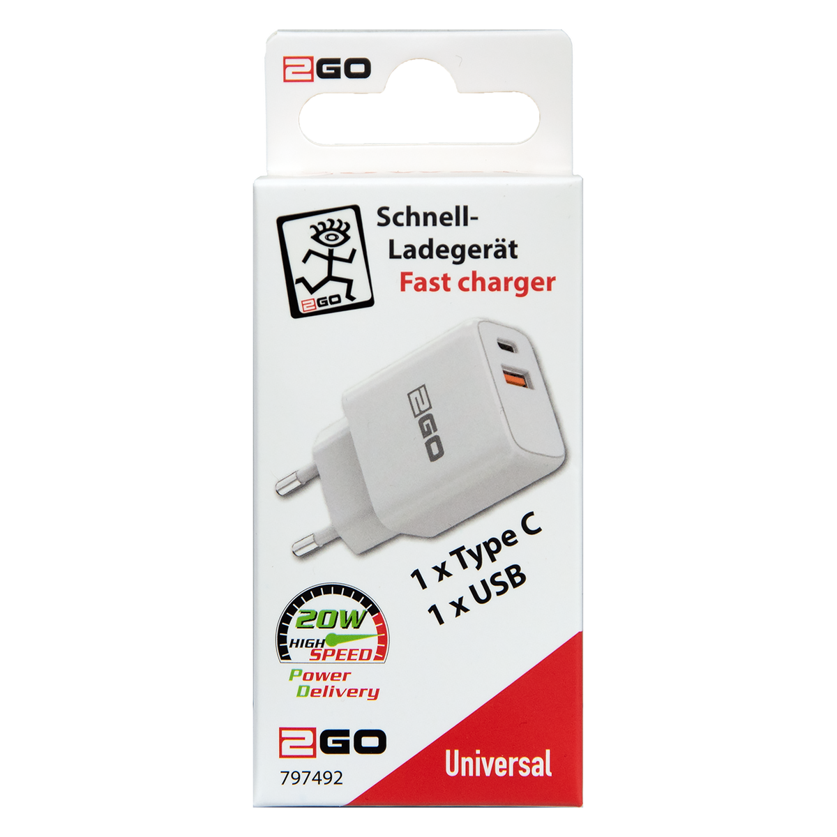 Netz-Ladegerät 100 V - 240 V - Power Delivery - 1 x USB A & 1 x USB Type-C - 20 W - 3000 mA