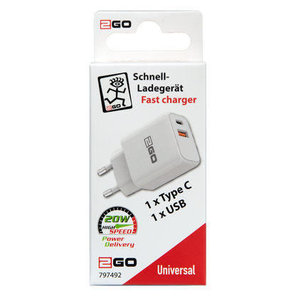Netz-Ladegerät 100 V - 240 V - Power Delivery - 1 x USB A & 1 x USB Type-C - 20 W - 3000 mA