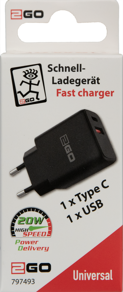 Netzladegerät 100 V - 240 V - 1 x USB A und 1 x USB Type-C - 3000 mA - 20 W -schwarz - Verpackung
