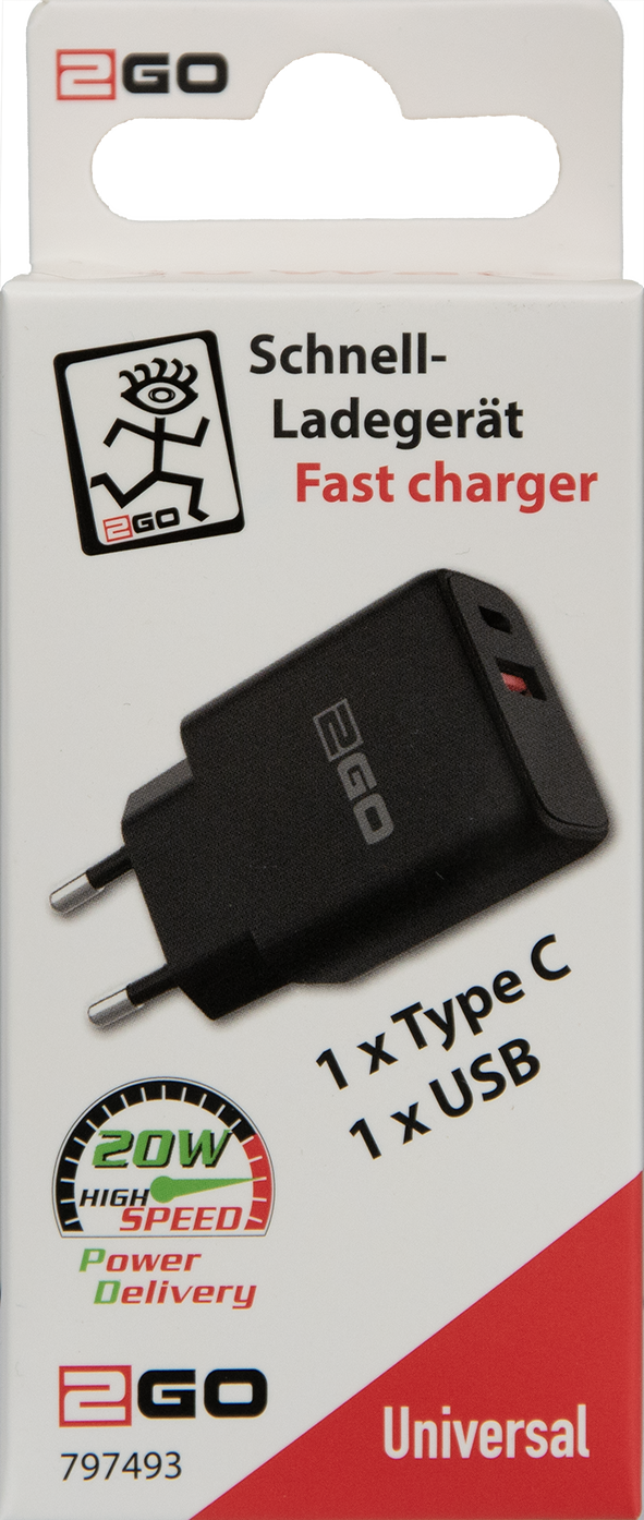Netzladegerät 100 V - 240 V - 1 x USB A und 1 x USB Type-C - 3000 mA - 20 W -schwarz - Verpackung