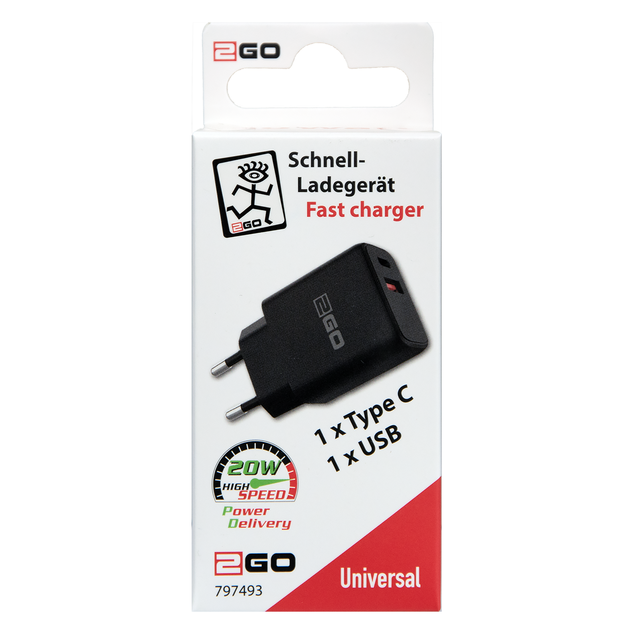 Netz-Ladegerät 100 V - 240 V - Power Delivery - 1 x USB A & 1 x USB Type-C - 20 W - 3000 mA
