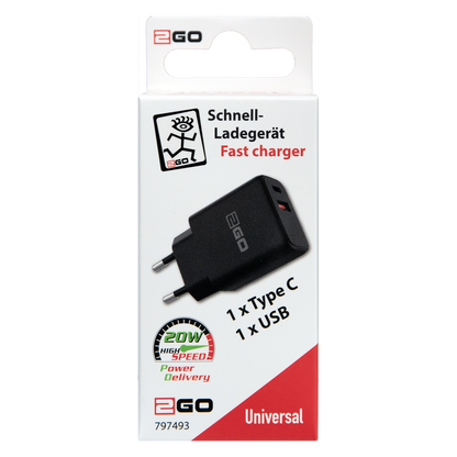 Netz-Ladegerät 100 V - 240 V - Power Delivery - 1 x USB A & 1 x USB Type-C - 20 W - 3000 mA