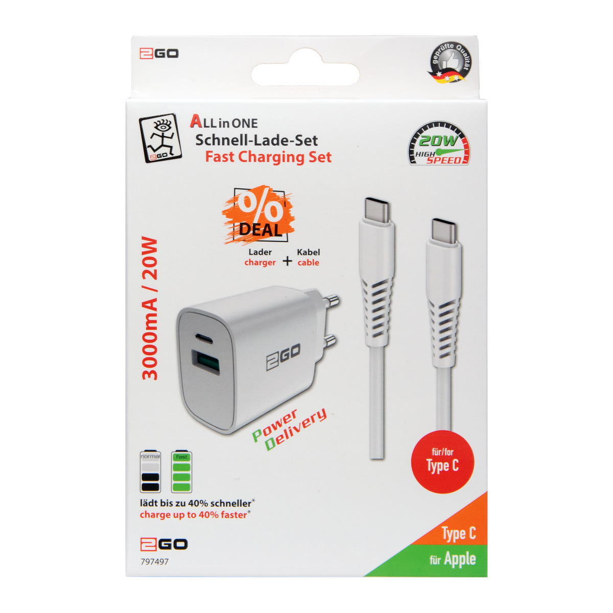 Netz-Ladeset 100 V - 240 V - 2-teilig - Power Delivery - USB Type-C Kabel - 20 W - 3000 mA - weiß