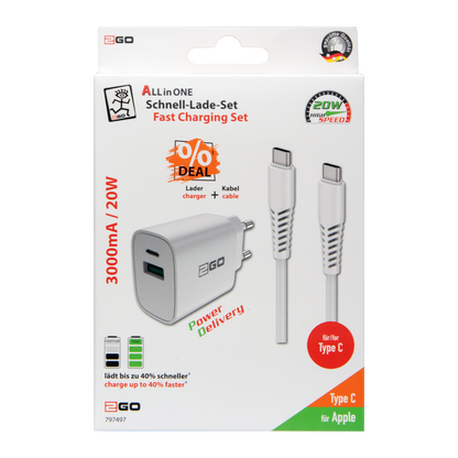 Netz-Ladeset 100 V - 240 V - 2-teilig - Power Delivery - USB Type-C Kabel - 20 W - 3000 mA - weiß