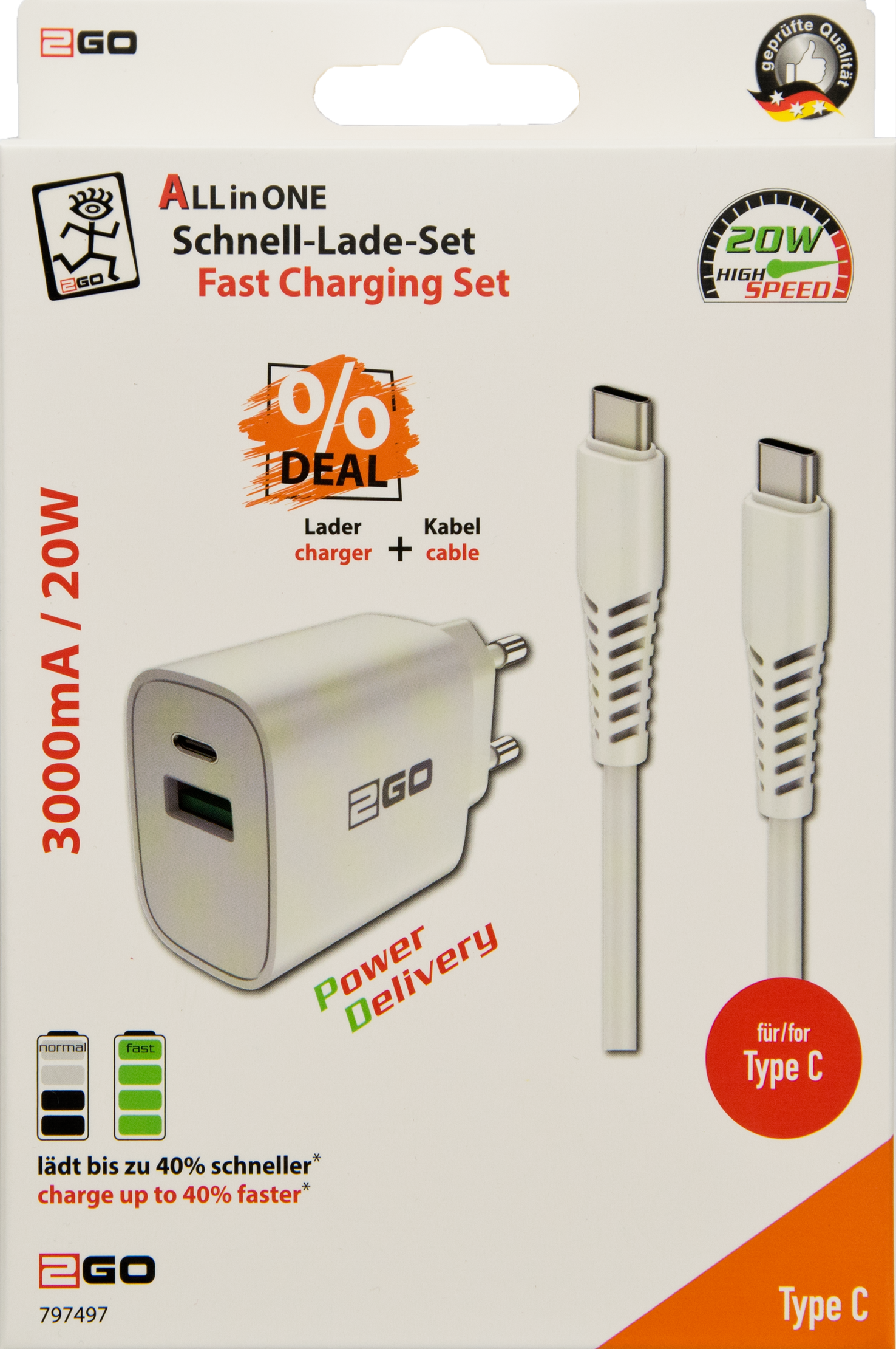 USB Netzladeset 100 V - 240 V mit USB Type-C Kabel - 3000 mA - 20 W - weiß - Verpackung