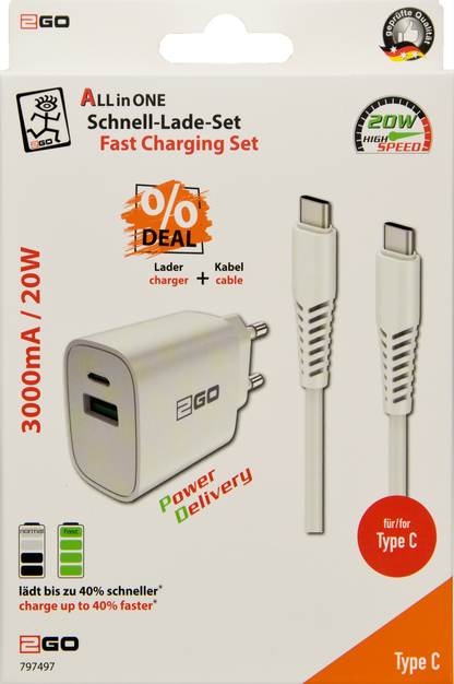 USB Netzladeset 100 V - 240 V mit USB Type-C Kabel - 3000 mA - 20 W - weiß - Verpackung