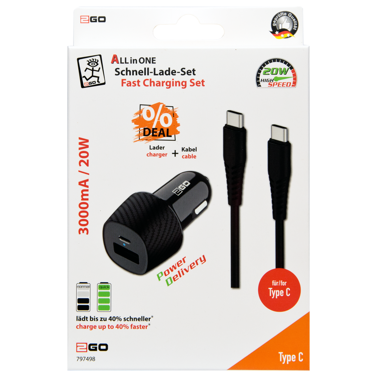 Kfz-Ladeset 12 V / 24 V - 2-teilig - Power Delivery & FastCharge - 1 x USB A & 1 x USB Type-C - 20 W - 3000 mA - schwarz