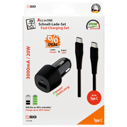 Kfz-Ladeset 12 V / 24 V - 2-teilig - Power Delivery & FastCharge - 1 x USB A & 1 x USB Type-C - 20 W - 3000 mA - schwarz