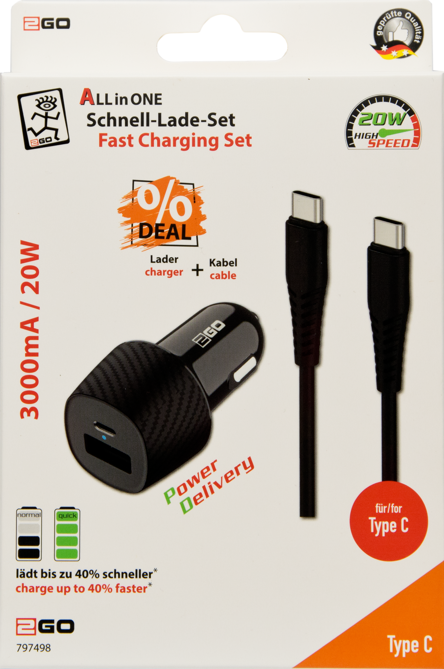 USB Kfz-Ladeset 12 V / 24 V mit USB Type-C Kabel - 3000 mA - schwarz - Verpackung
