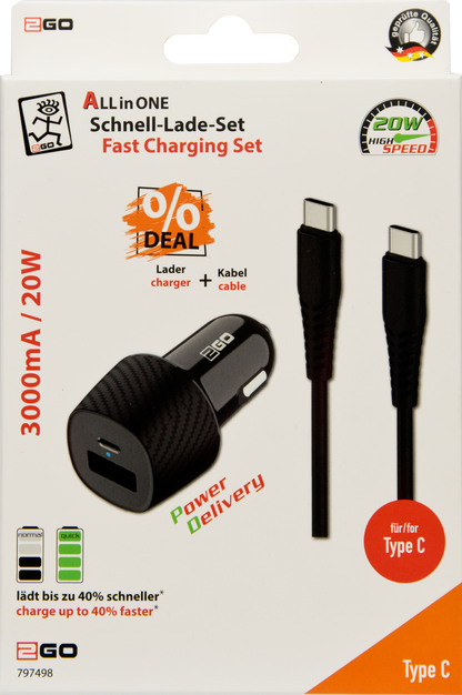 USB Kfz-Ladeset 12 V / 24 V mit USB Type-C Kabel - 3000 mA - schwarz - Verpackung