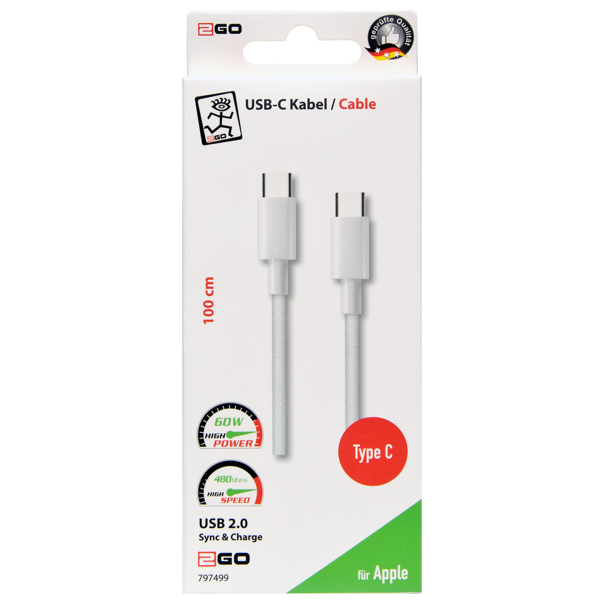 USB Kabel USB Type-C auf USB Type-C - weiß - 100 cm - Verpackung
