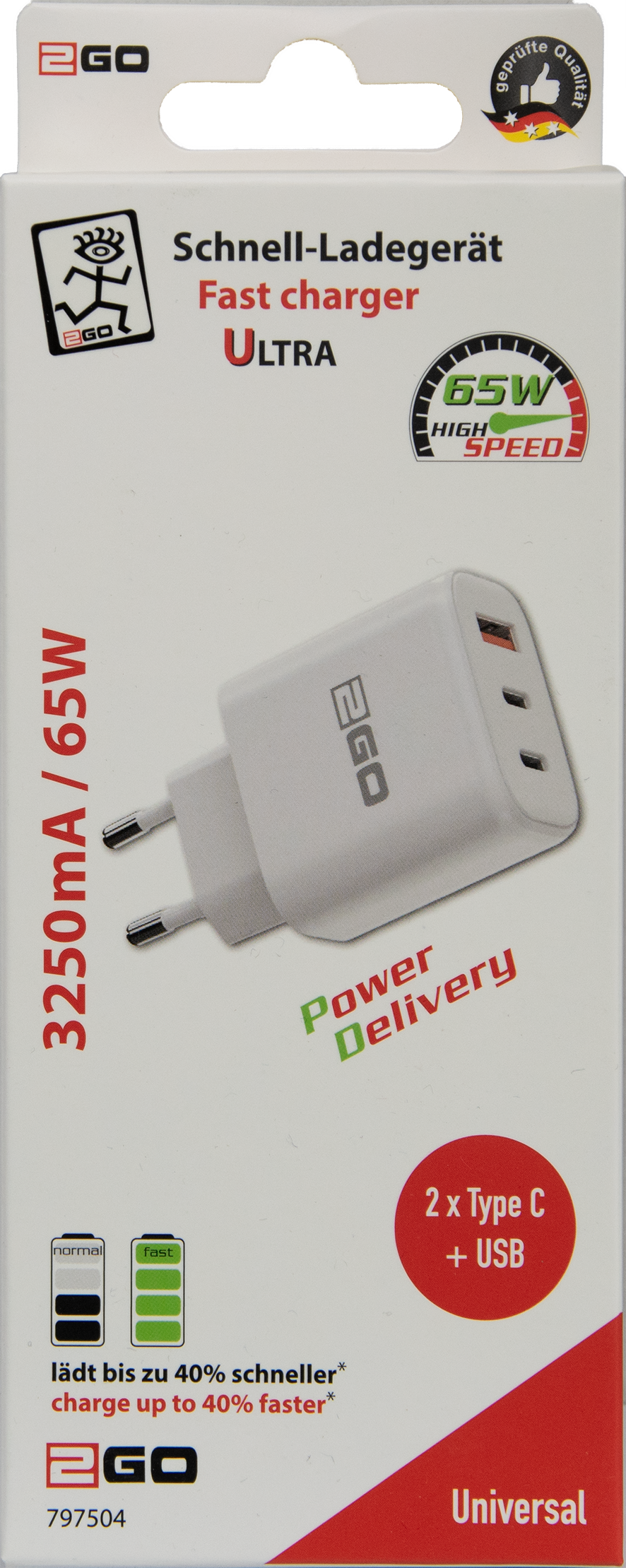 Netz-Ladegerät - Power Delivery - 1 x USB A & 2 x USB Type-C - 65 W - 3250 mA - weiß
