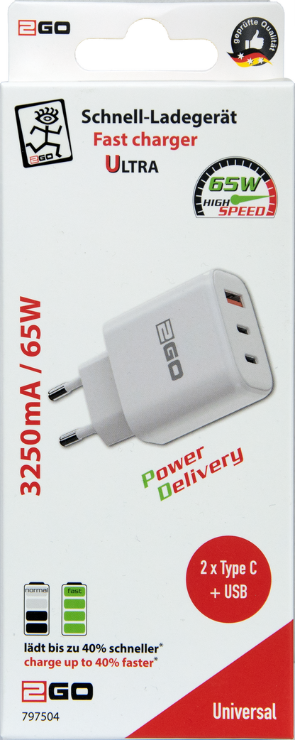 USB Netzladegerät 100 V - 240 V - 1 x USB A und 2 x USB Type-C - 3250 mA - 65 W - weiß