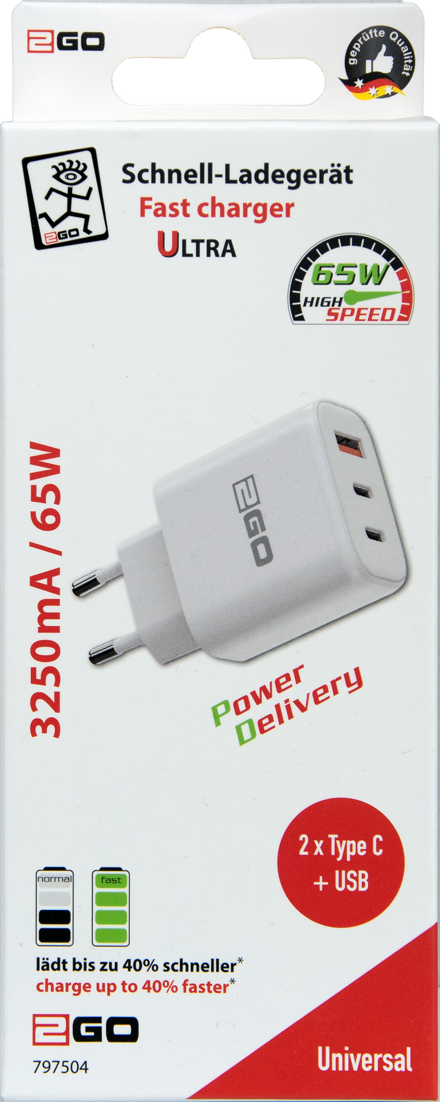 USB Netzladegerät 100 V - 240 V - 1 x USB A und 2 x USB Type-C - 3250 mA - 65 W - weiß