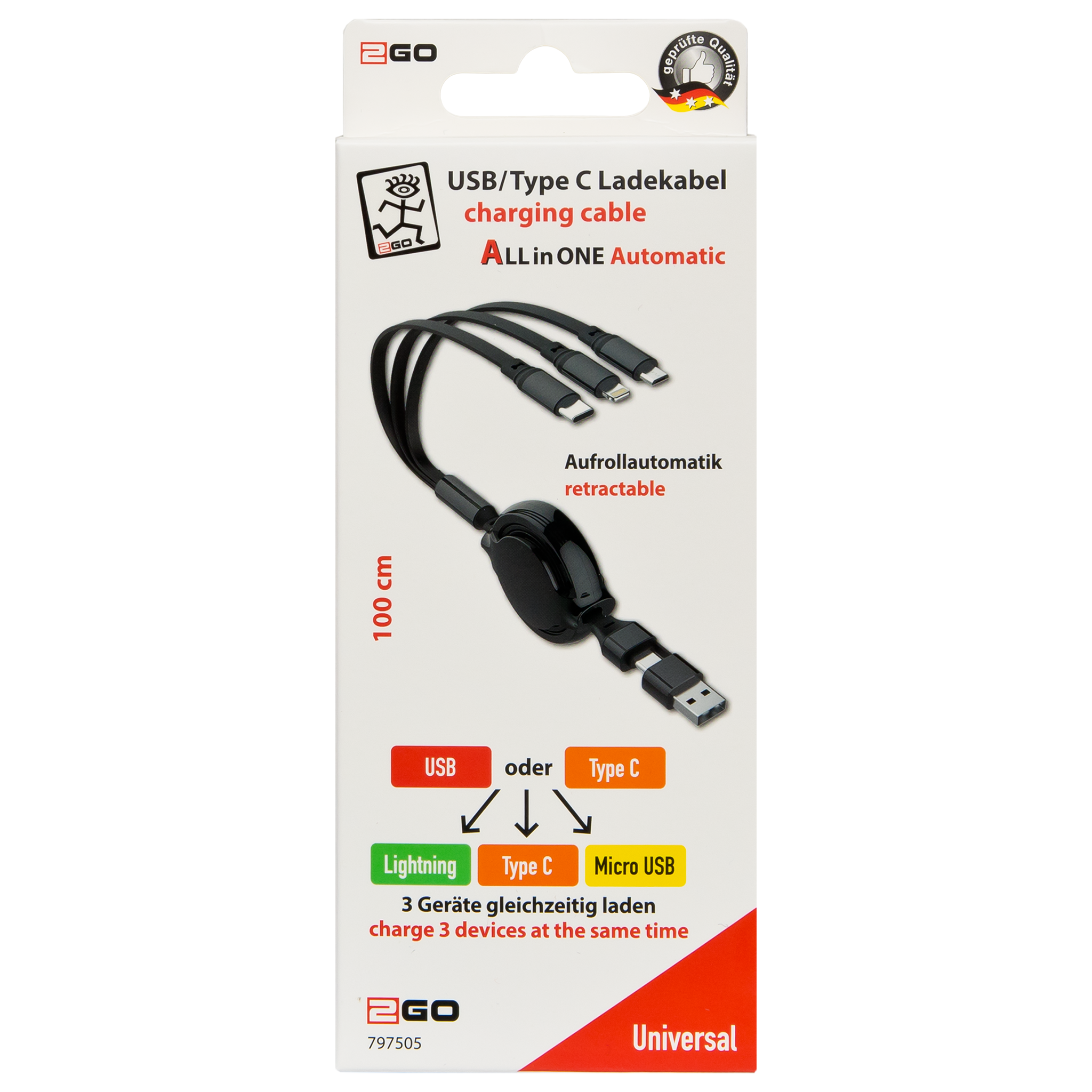 5 in 1 USB Ladekabel für Micro-USB, Lightning & USB Type-C - mit Aufrollautomatik - variabel zwischen 20 cm & 100 cm - Verpackung