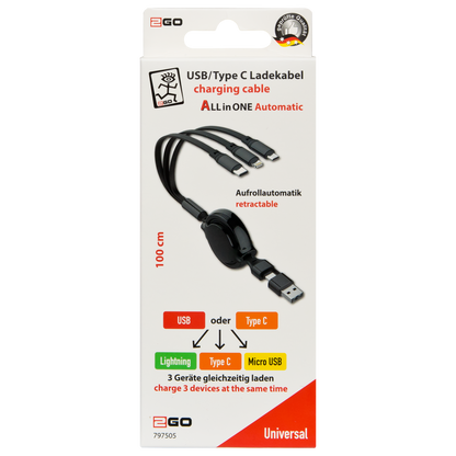 5 in 1 USB Ladekabel für Micro-USB, Lightning & USB Type-C - mit Aufrollautomatik - variabel zwischen 20 cm & 100 cm - Verpackung