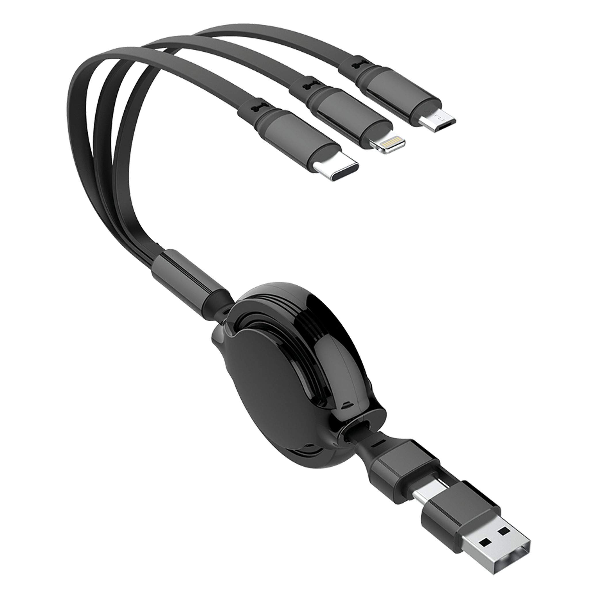 5 in 1 USB Ladekabel für Micro-USB, Lightning & USB Type-C - mit Aufrollautomatik - variabel zwischen 20 cm & 100 cm