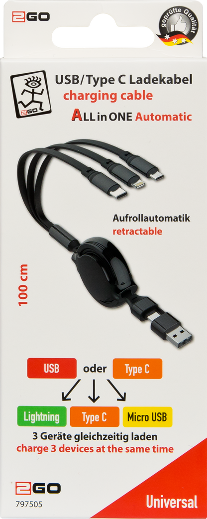3 in 1 USB Ladekabel mit Aufroll-Automatik - USB A / USB Type-C <-> Micro-USB / Apple 8-Pin (Lightning) / USB Type-C - 20 cm bis 100 cm variabel - schwarz
