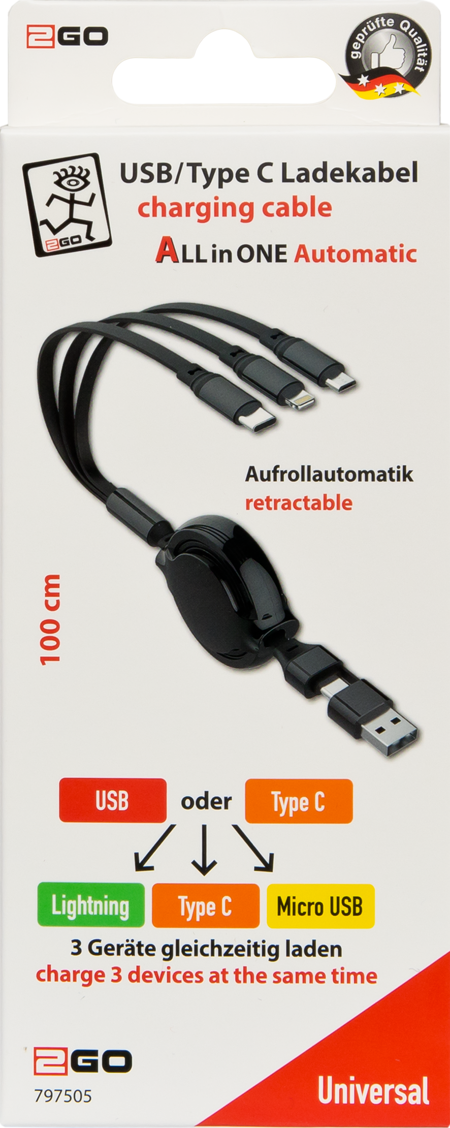 3 in 1 USB Ladekabel mit Aufroll-Automatik - USB A / USB Type-C <-> Micro-USB / Apple 8-Pin (Lightning) / USB Type-C - 20 cm bis 100 cm variabel - schwarz