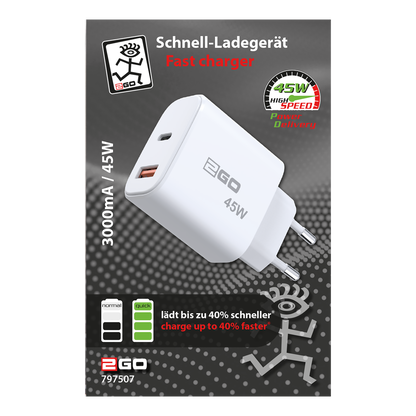 USB Ladegerät - 100 - 240 V - USB A - USB Type-C - 45 W - weiß - Verpackung