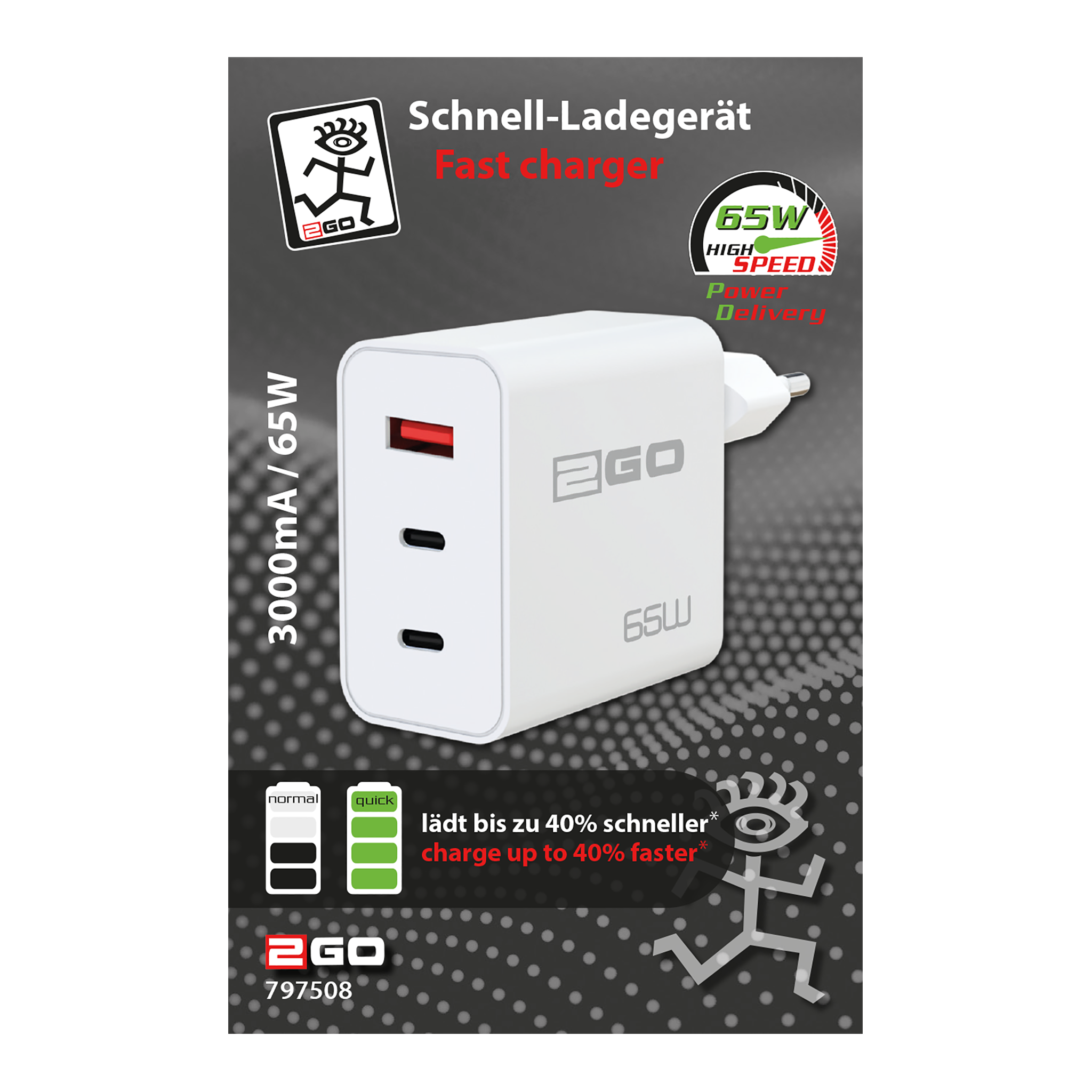 USB Netzladegerät - 100 V - 240 V - USB A - 2x USB Type-C - 65 W - weiß - Verpackung