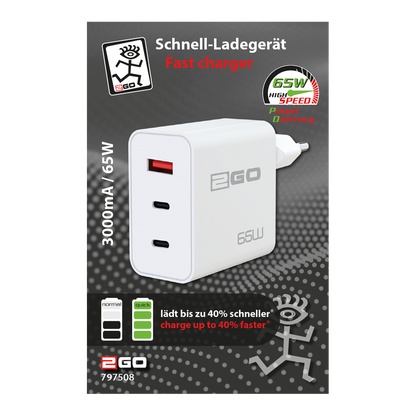 USB Netzladegerät - 100 V - 240 V - USB A - 2x USB Type-C - 65 W - weiß - Verpackung