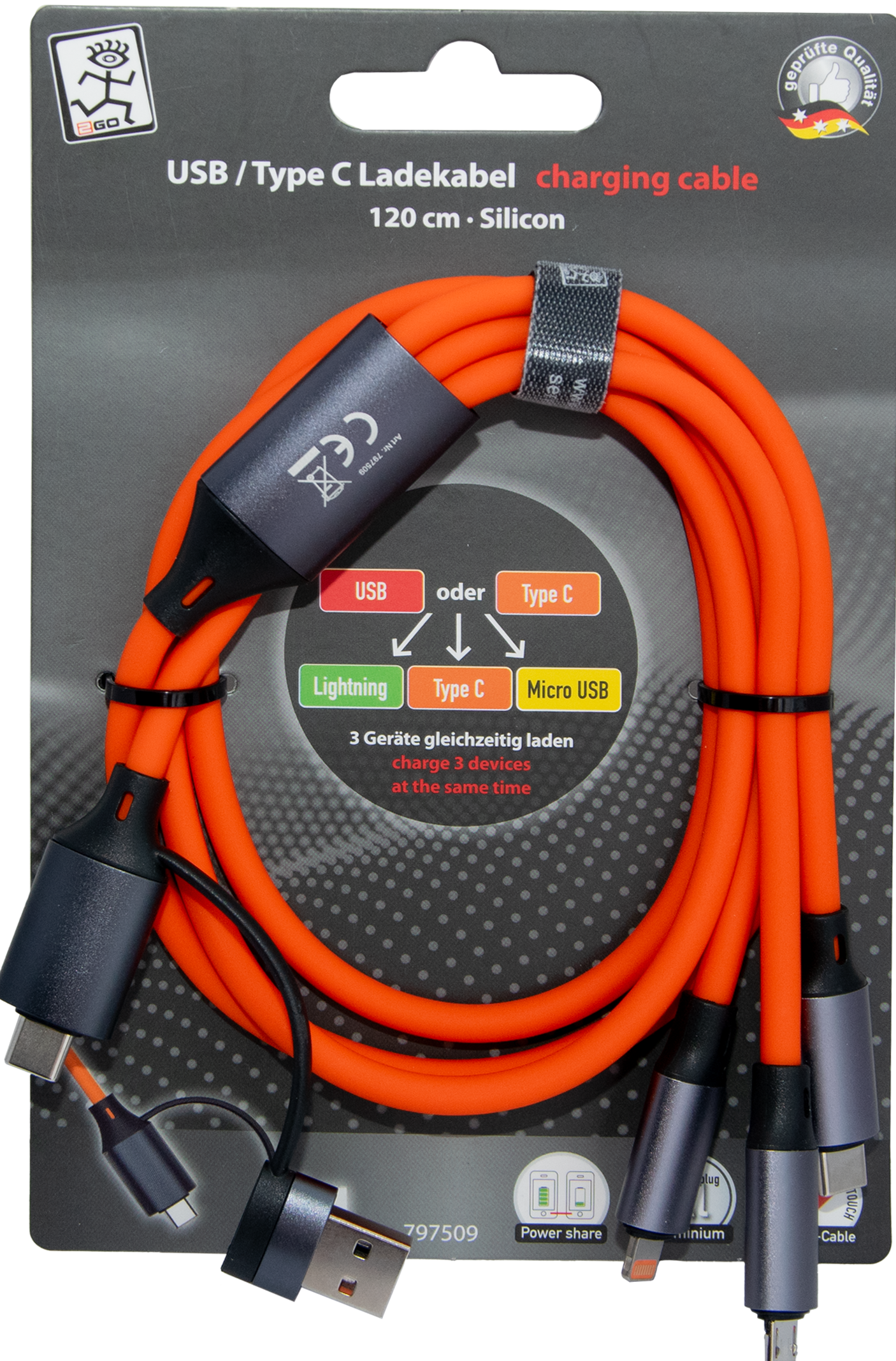 All in One USB Ladekabel - USB A / USB Type-C auf Micro-USB / 8-Pin (Lightning) / USB Type-C - 120 cm - verschiedene Farben
