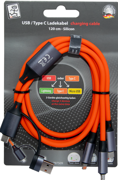 All in One USB Ladekabel - USB A / USB Type-C auf Micro-USB / 8-Pin (Lightning) / USB Type-C - 120 cm - verschiedene Farben