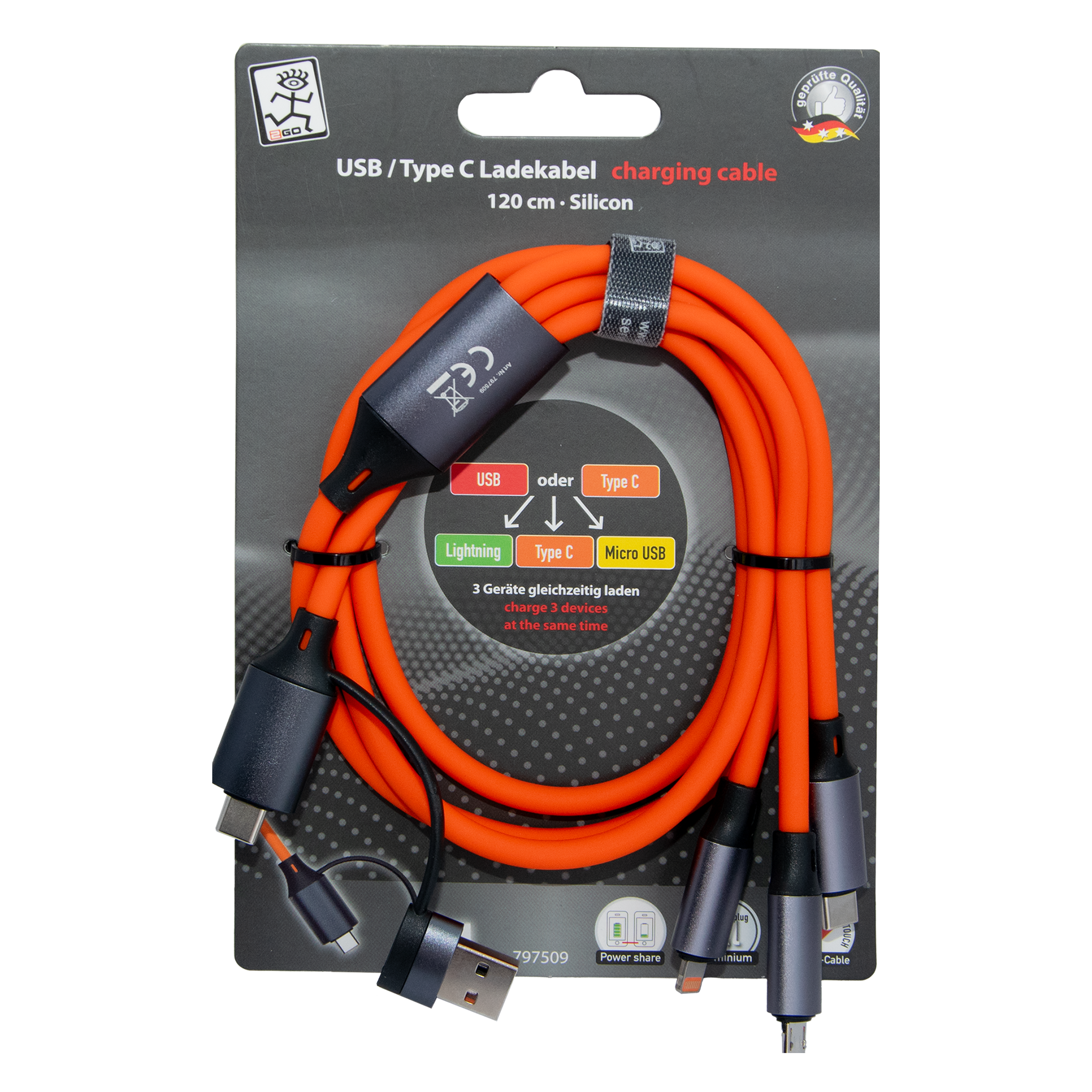 All in One USB Ladekabel - USB A / USB Type-C auf Micro-USB / 8-Pin (Lightning) / USB Type-C - 120 cm - verschiedene Farben