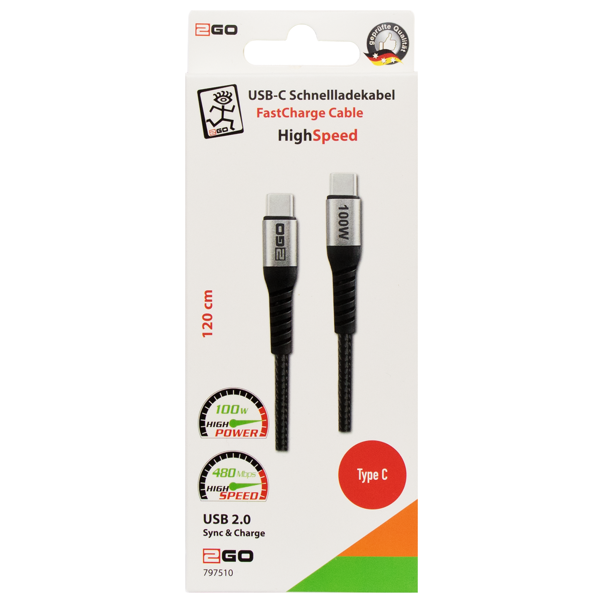 USB Kabel USB 2.0 - USB Type-C auf USB Type-C - 100 W - 480 MBps - 120 cm - grau - Verpackung