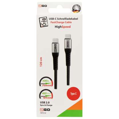 USB Kabel USB 2.0 - USB Type-C auf USB Type-C - 100 W - 480 MBps - 120 cm - grau - Verpackung