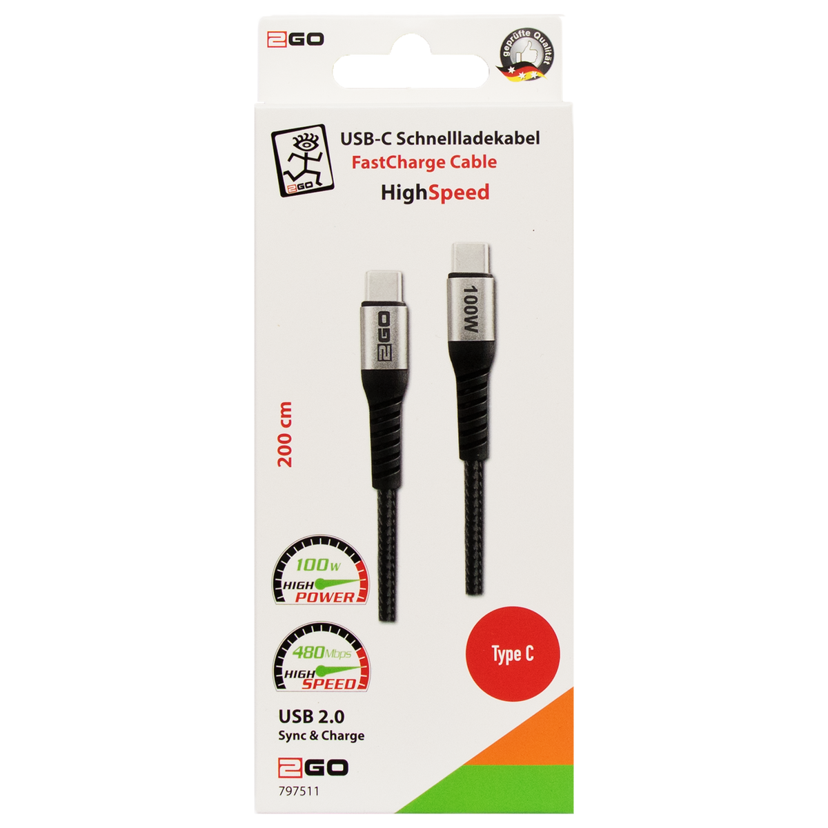 USB Kabel USB 2.0 - USB Type-C auf USB Type-C - 100 W - 480 MBps - 200 cm - grau - Verpackung