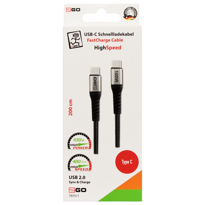 USB Kabel USB 2.0 - USB Type-C auf USB Type-C - 100 W - 480 MBps - 200 cm - grau - Verpackung