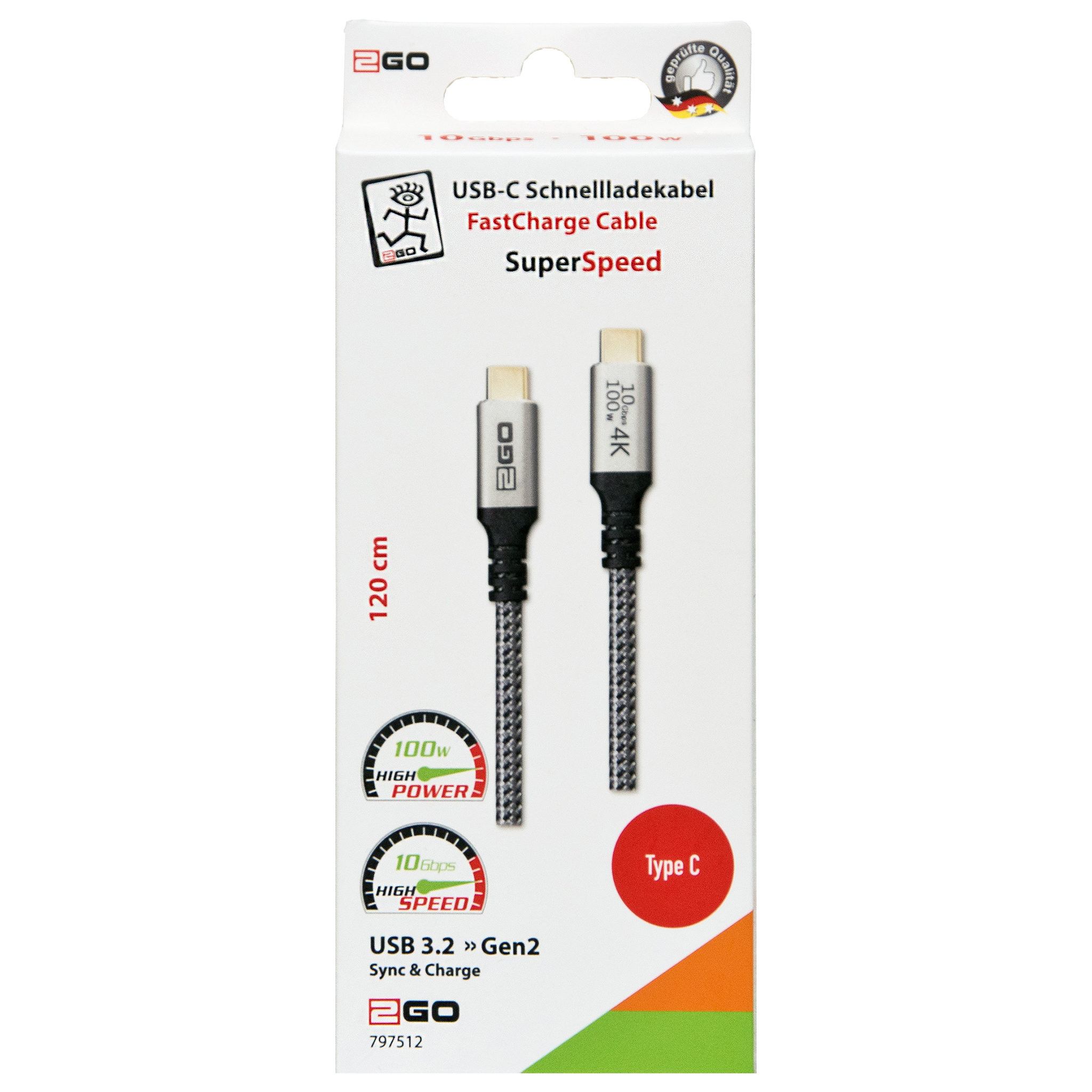 USB Datenkabel - USB Type-C auf USB Type-C - 120 cm - grau - Verpackung