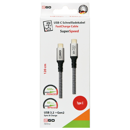USB Datenkabel - USB Type-C auf USB Type-C - 120 cm - grau - Verpackung