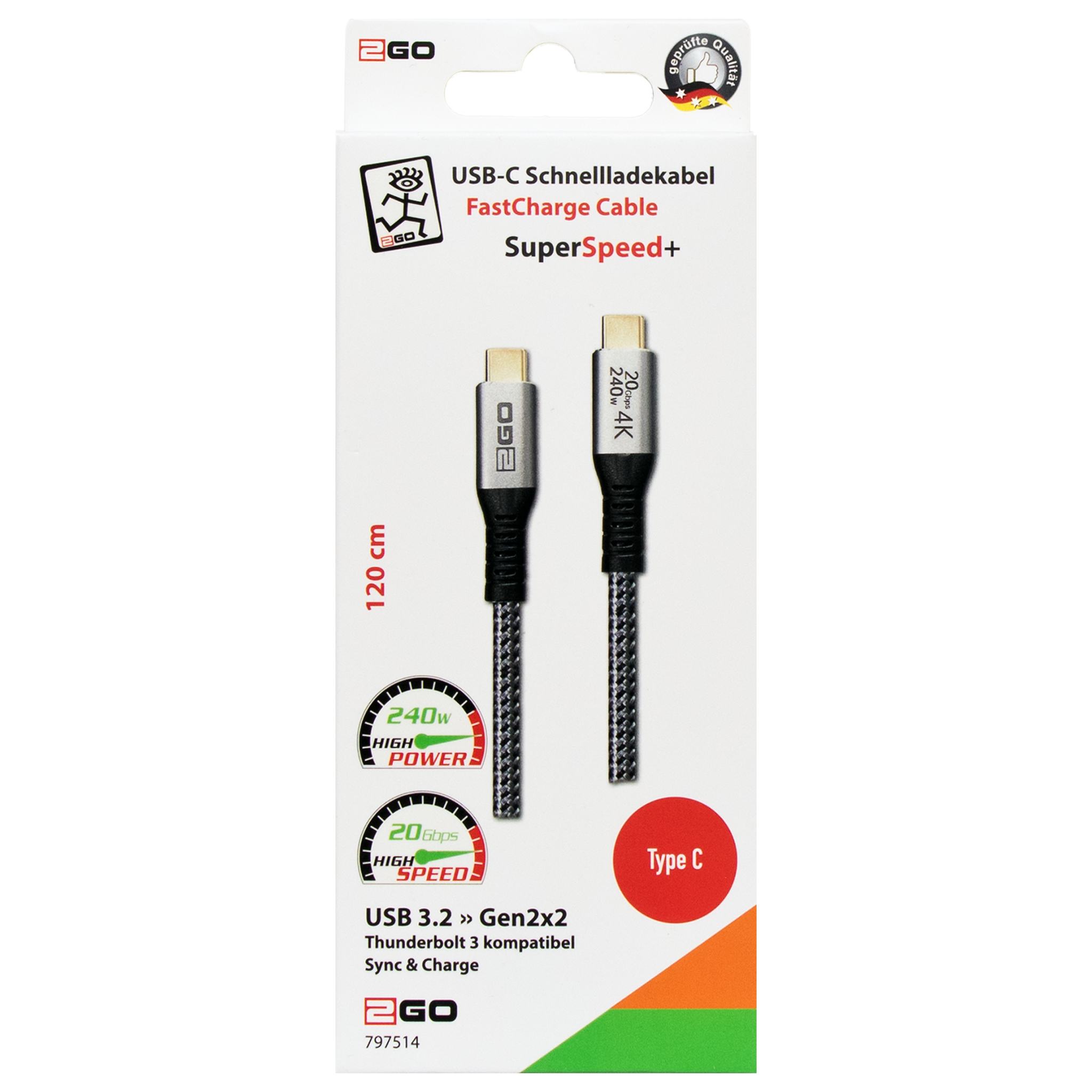 USB Datenkabel - USB Type-C auf USB Type-C - 120 cm - grau - Verpackung