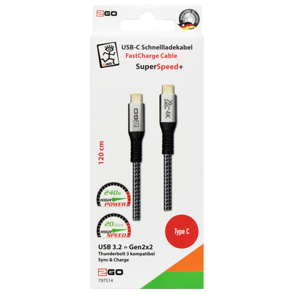 USB Datenkabel - USB Type-C auf USB Type-C - 120 cm - grau - Verpackung
