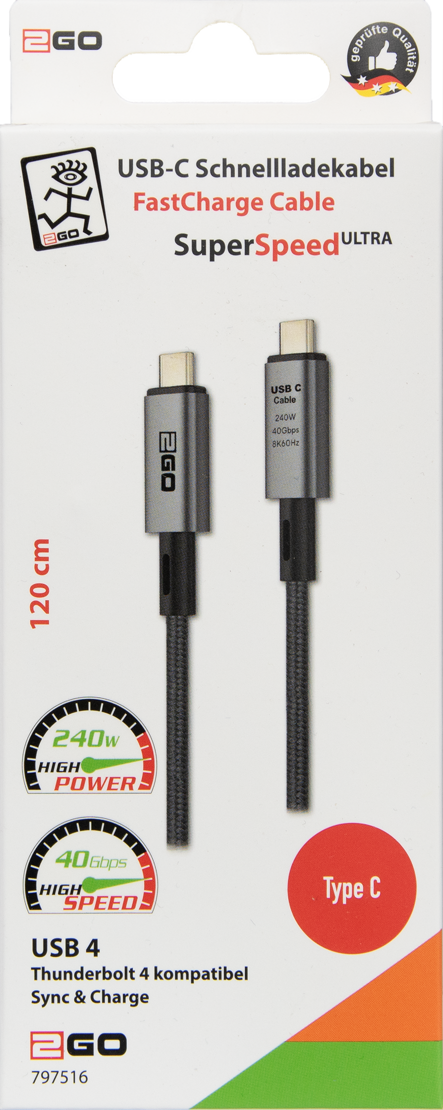 USB Datenkabel - Ultra High Speed - USB Type-C <-> USB Type-C - 120 cm - grau