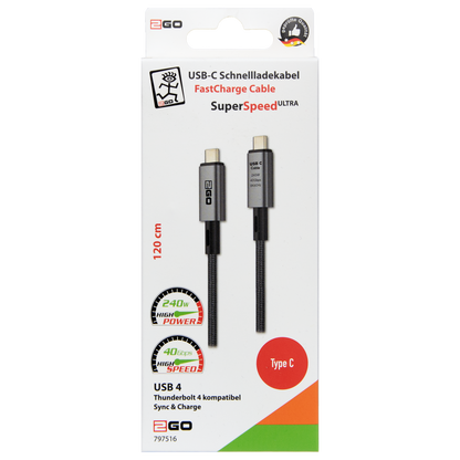 USB Datenkabel - USB Type-C auf USB Type-C - 120 cm - grau - Verpackung