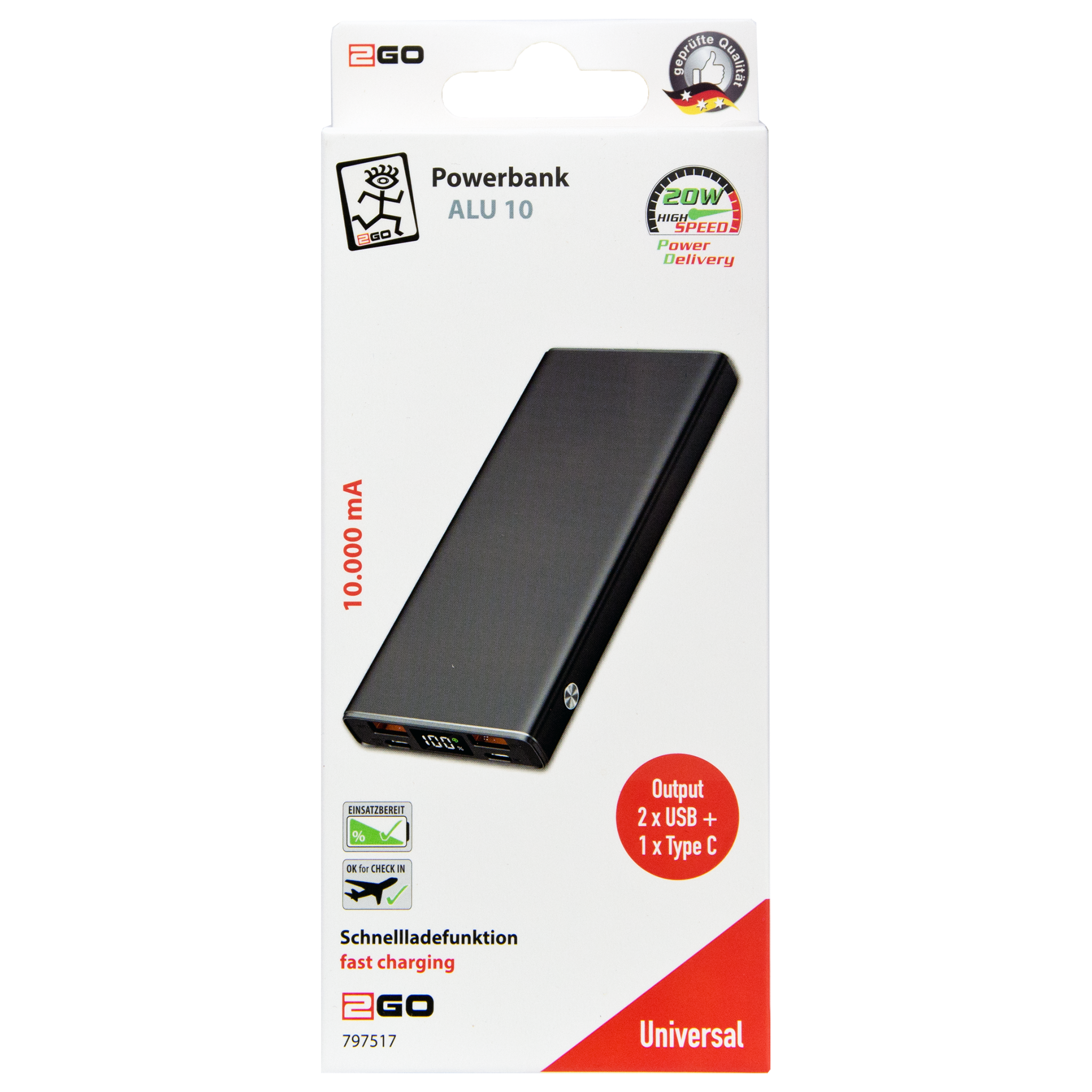Powerbank 10000 mAh - 2 x USB A - 2 x USB Type-C - Aluminium-Gehäuse - anthrazit - Verpackung
