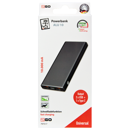 Powerbank 10000 mAh - 2 x USB A - 2 x USB Type-C - Aluminium-Gehäuse - anthrazit - Verpackung
