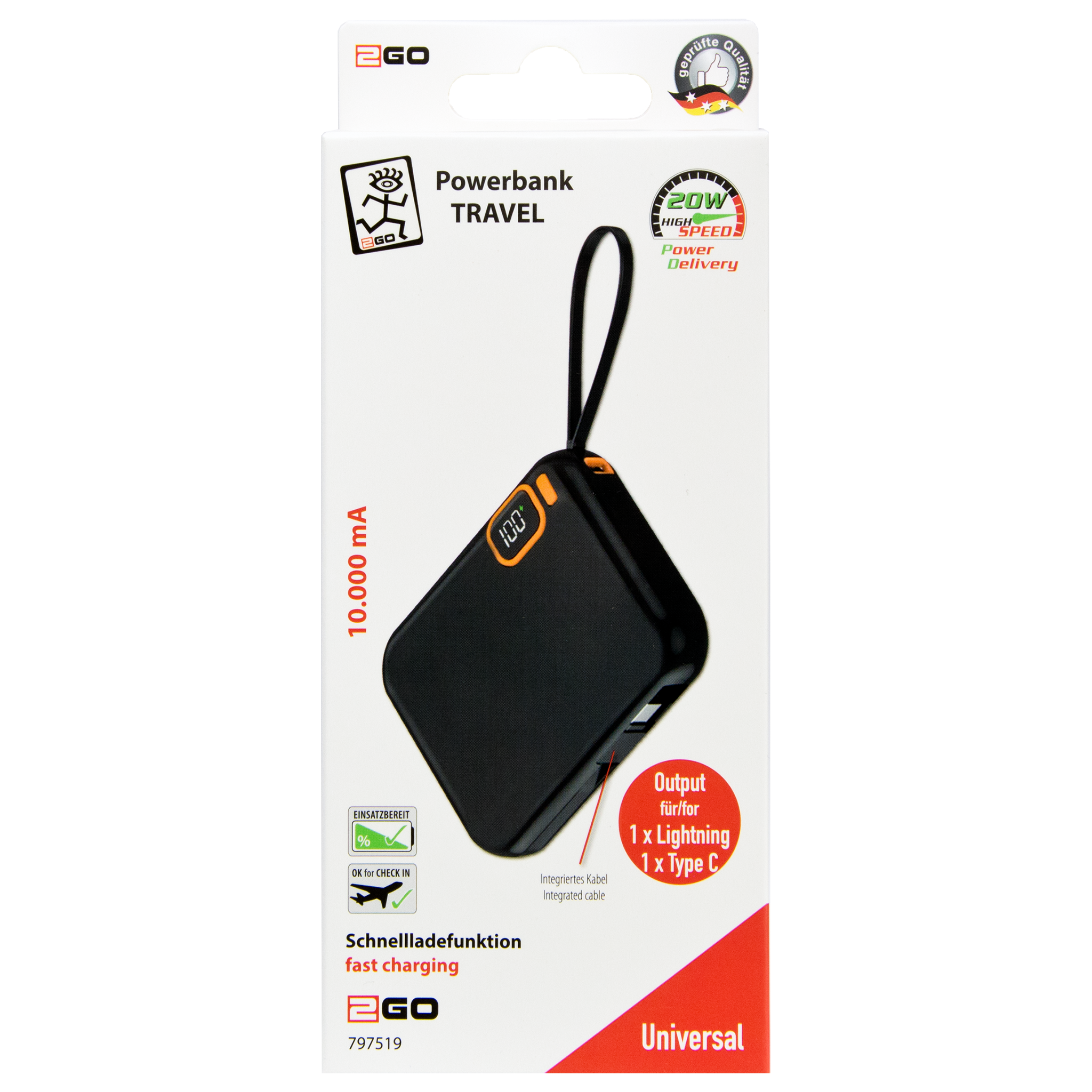 Powerbank - 10000 mAh - 1 x USB A -integrierte Kabel für Lightning und USB Type-C - Digitaldisplay - Handschlaufe - schwarz / orange - Verpackung