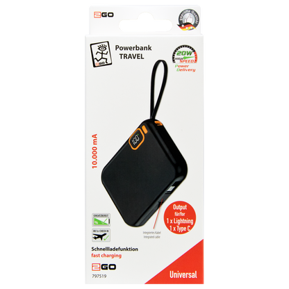 Powerbank - 10000 mAh - 1 x USB A -integrierte Kabel für Lightning und USB Type-C - Digitaldisplay - Handschlaufe - schwarz / orange - Verpackung