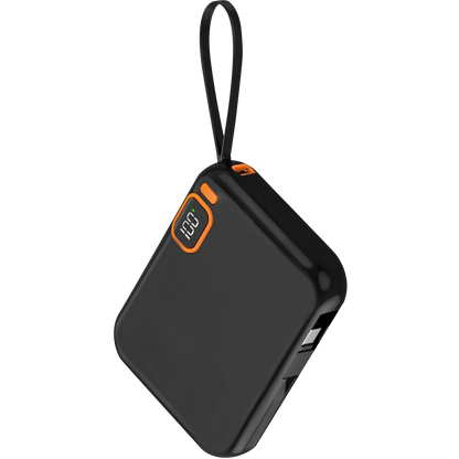 Powerbank - 10000 mAh - 1 x USB A -integrierte Kabel für Lightning und USB Type-C - Digitaldisplay - Handschlaufe - schwarz / orange