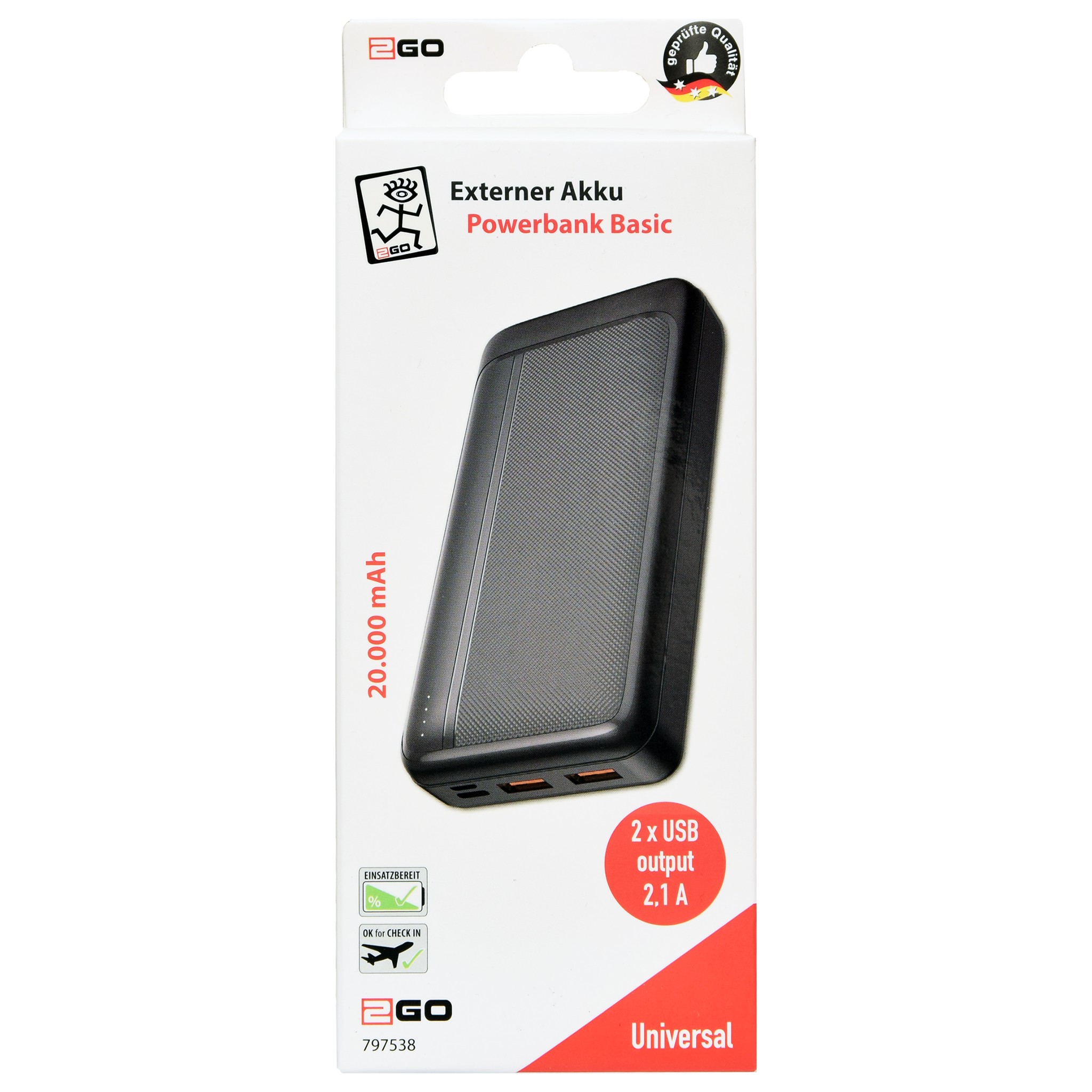 Powerbank - 20000 mAh - 2 x USB A - 4 Status-LED - schwarz - Verpackung